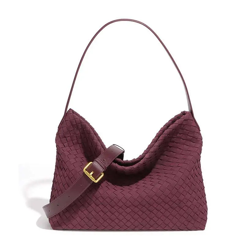 Woven Hobo Shoulder Tote Bag Tan Brown - Front View - Gold Buckle Detail