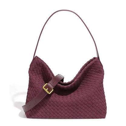 Woven Hobo Shoulder Tote Bag Tan Brown - Front View - Gold Buckle Detail