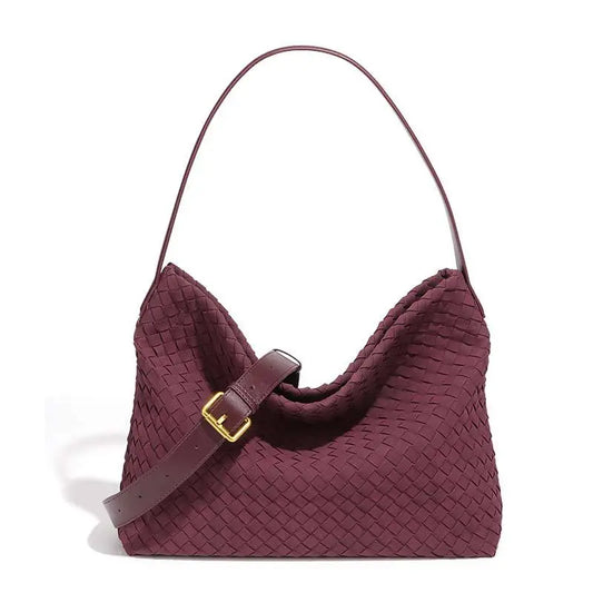 Woven Hobo Shoulder Tote Bag Tan Brown - Front View - Gold Buckle Detail
