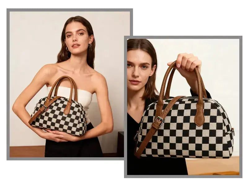 Plaid Hobo Bag Back View - Checkered Pattern Texture Close-up