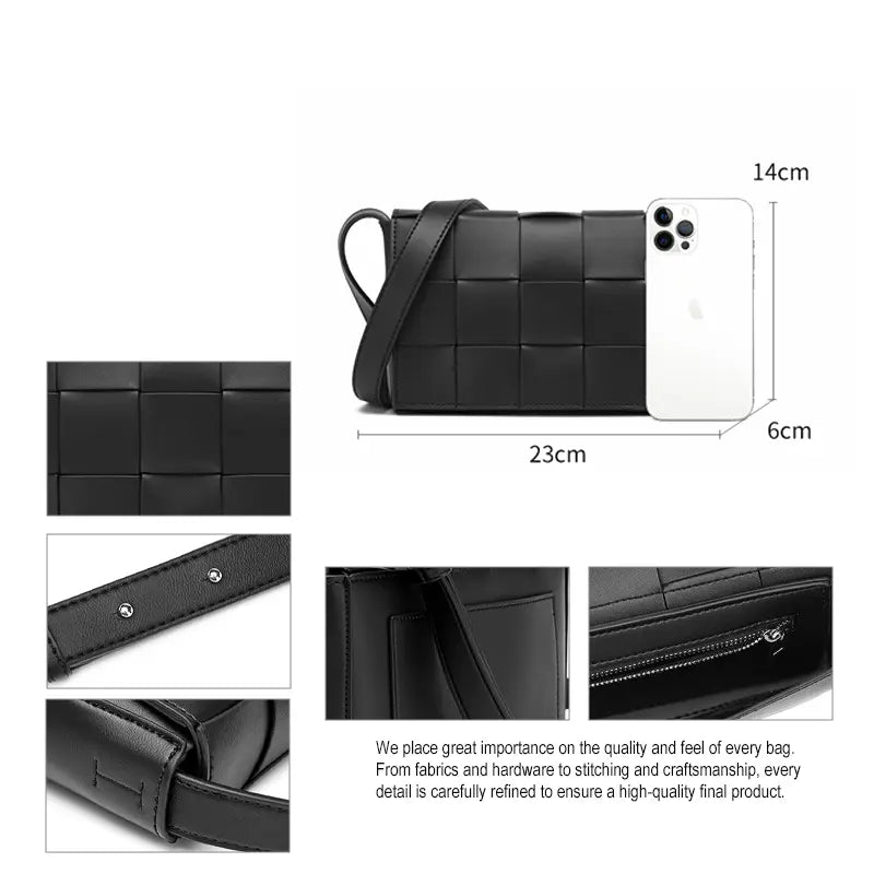 Woven PU leather crossbody bag size and detail 23x6x14cm dimensions flap and strap