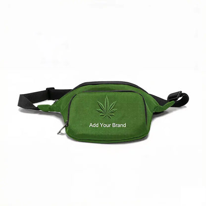 smell proof waist bag olive green with embossed hemp leaf