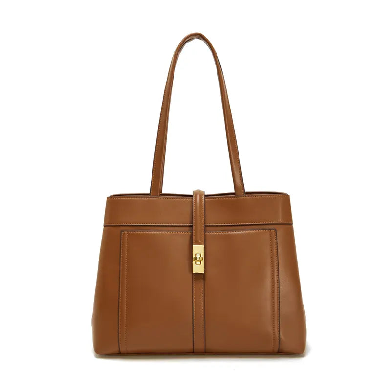 Canvas tote bag with PU leather trim golden brown front view commuter tote