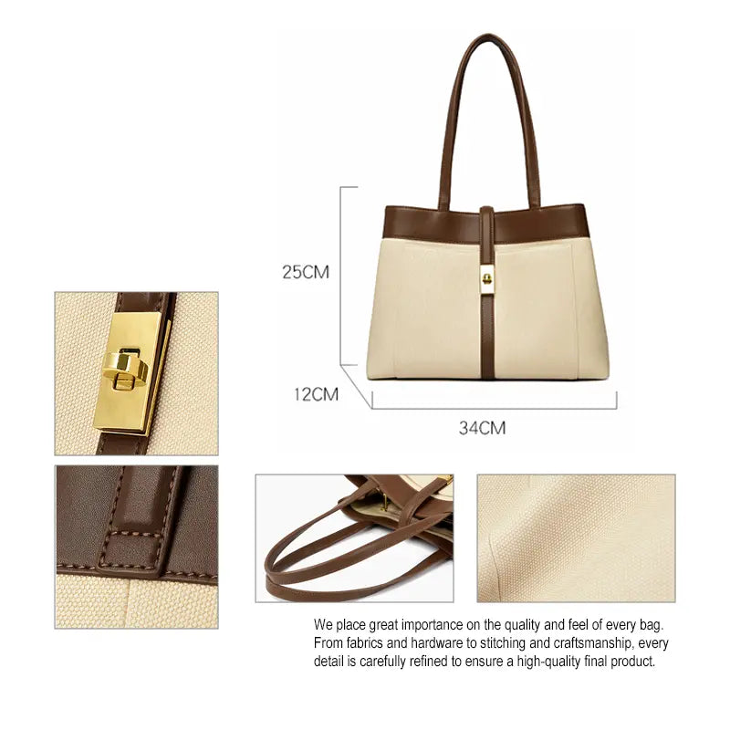 Canvas tote bag size and detail 34x12x25cm twist lock and handle