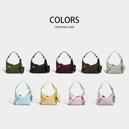 Woven PU handbag color options display with multiple colors