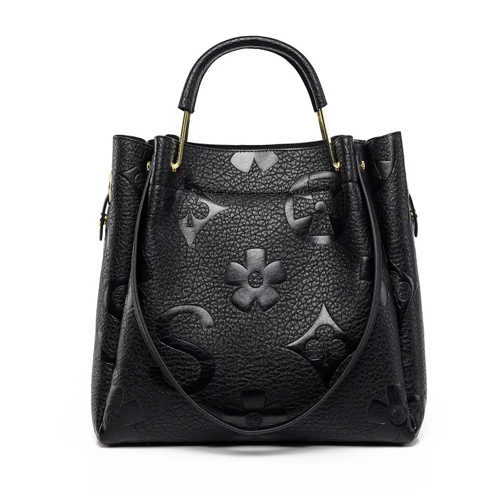 Floral embossed tote bag black front view top handle structured tote