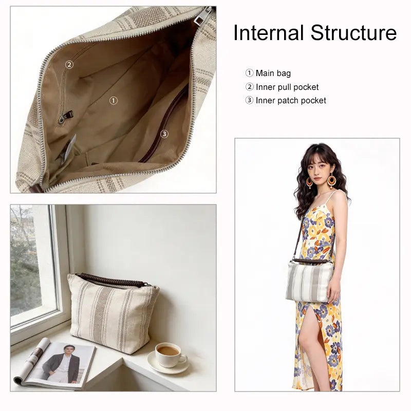 Striped canvas shoulder bag model lifestyle shot with three color options