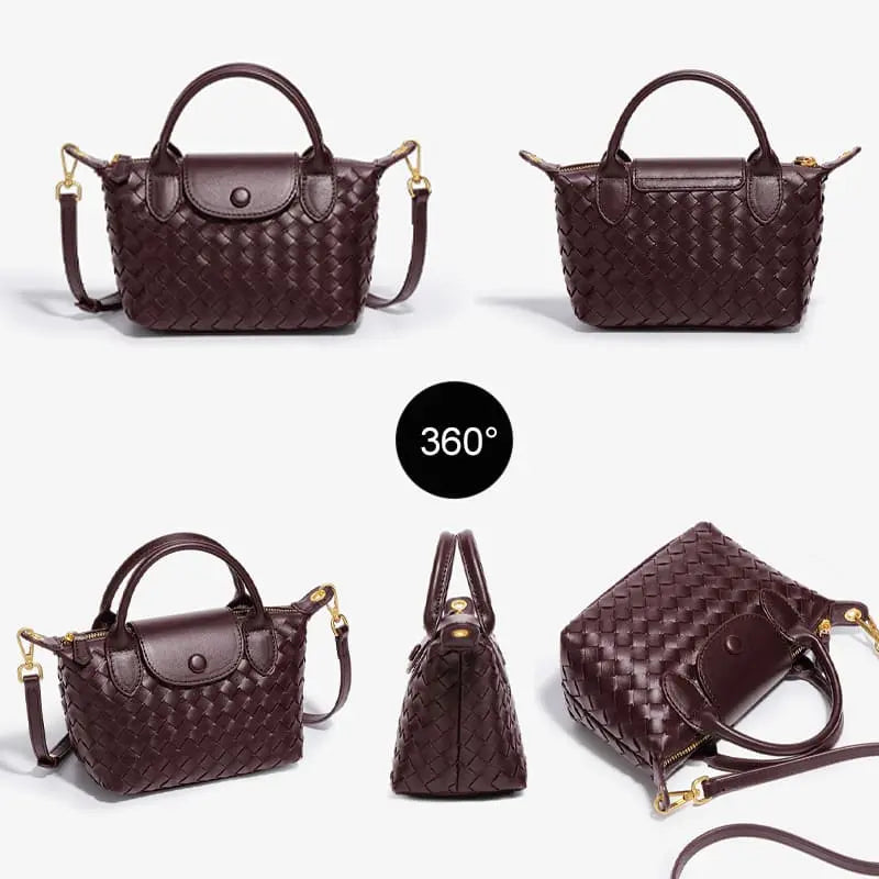 Woven PU handbag shown from multiple angles