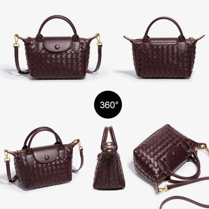 Woven PU handbag shown from multiple angles