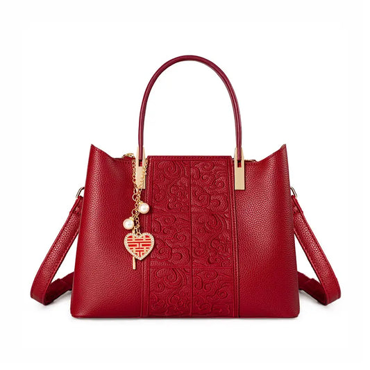 Chinese Traditional Embroidered Handbag Red Front View - Cloud Pattern Embroidery with Double Happiness Charm