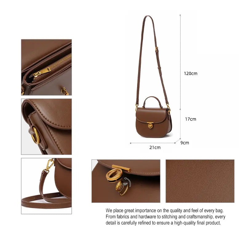 PU leather saddle bag gold twist lock and strap buckle close-up detail