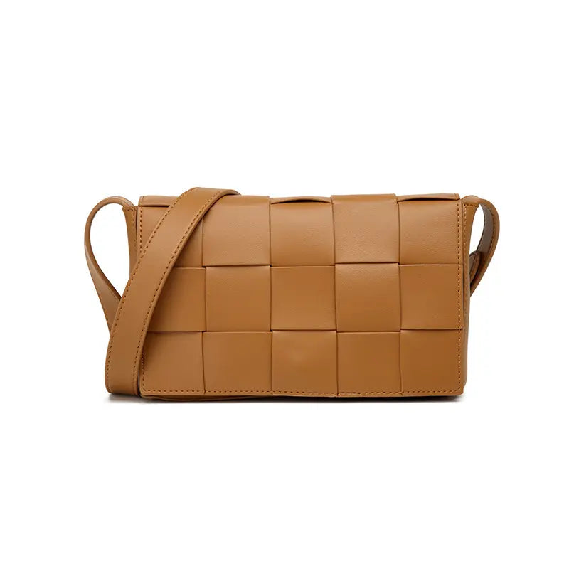 Woven PU leather crossbody bag brown front view intrecciato weave