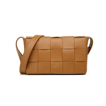 Woven PU leather crossbody bag brown front view intrecciato weave