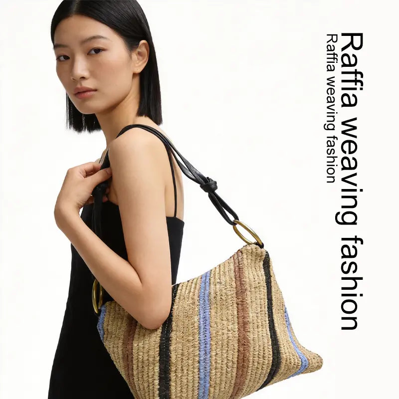 Raffia Straw Tote Bag Beige Back View Fashion Design