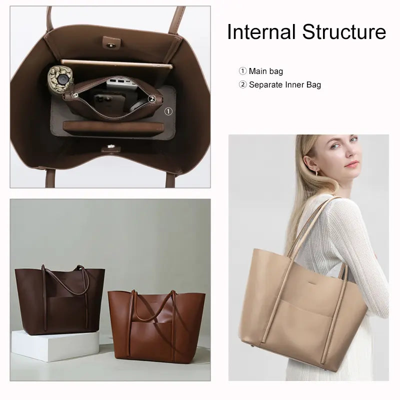 PU leather tote bag internal structure main bag with separate inner pouch