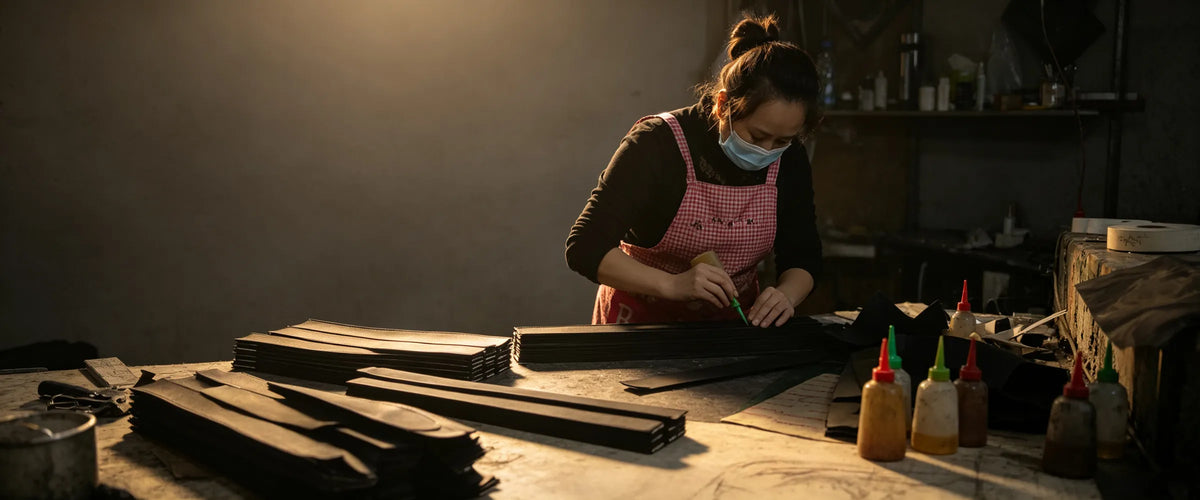 A Range artisan carefully crafting leather bag components by hand at the workbench in the Guangzhou factory