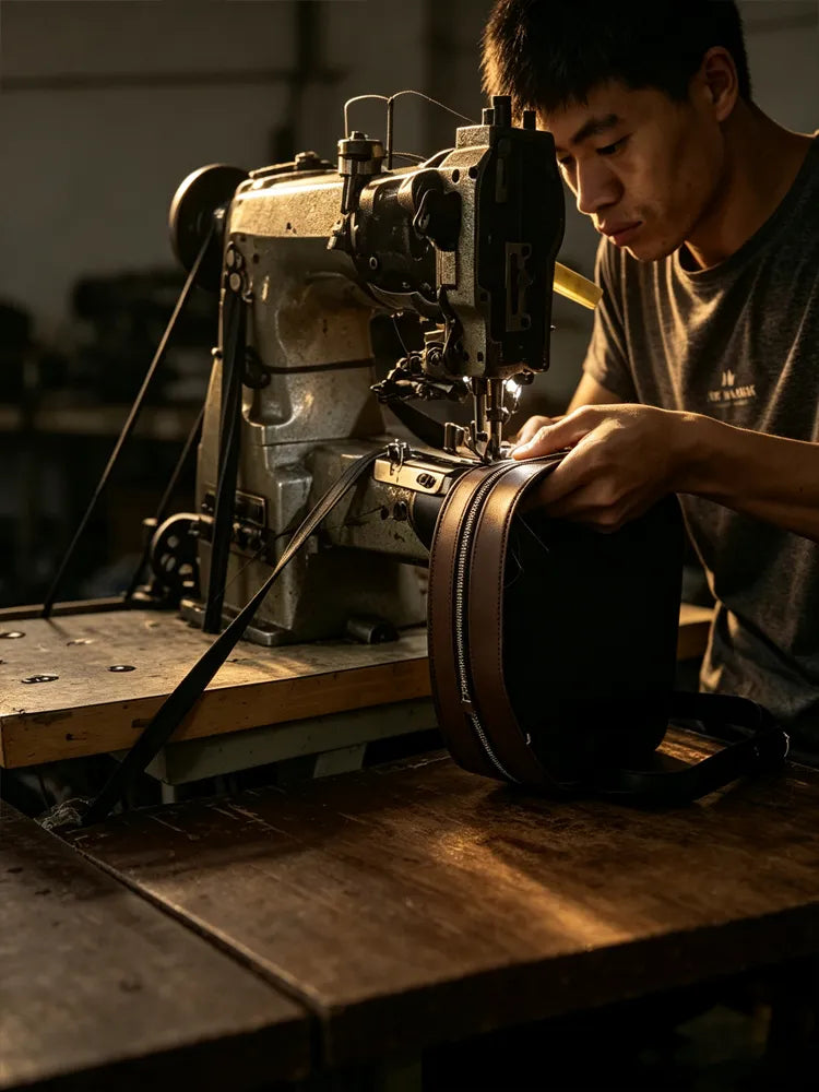 A focused Range worker stitching a bag on an industrial sewing machine, showcasing skilled craftsmanship at Range