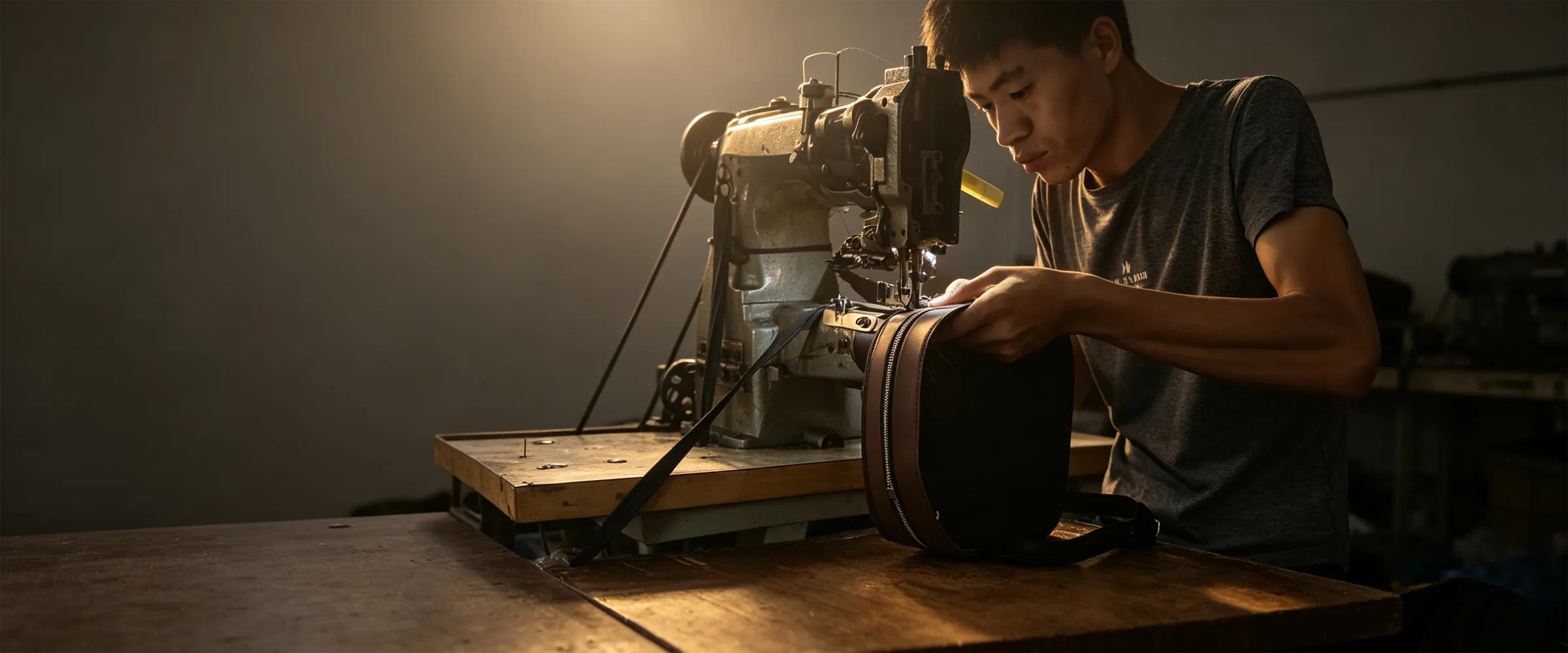 A Range craftsman sewing a dark zippered bag on an industrial sewing machine in the Guangzhou factory workshop